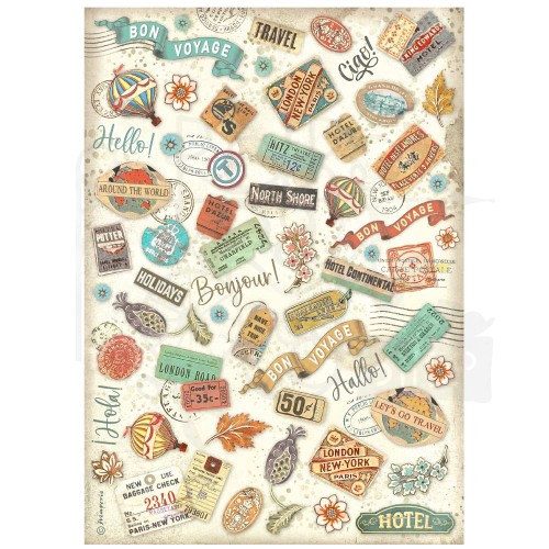Papier ryżowy do decoupage A4 Art of Travelling Etykiety DFSA4980 Stamperia