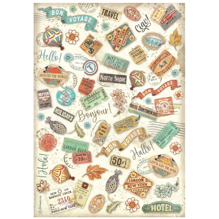 Papier ryżowy do decoupage A4 Art of Travelling Etykiety DFSA4980 Stamperia