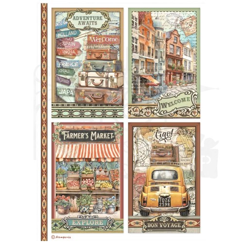 Papier ryżowy do decoupage A4 Art of Travelling 4 karty DFSA4979 Stamperia