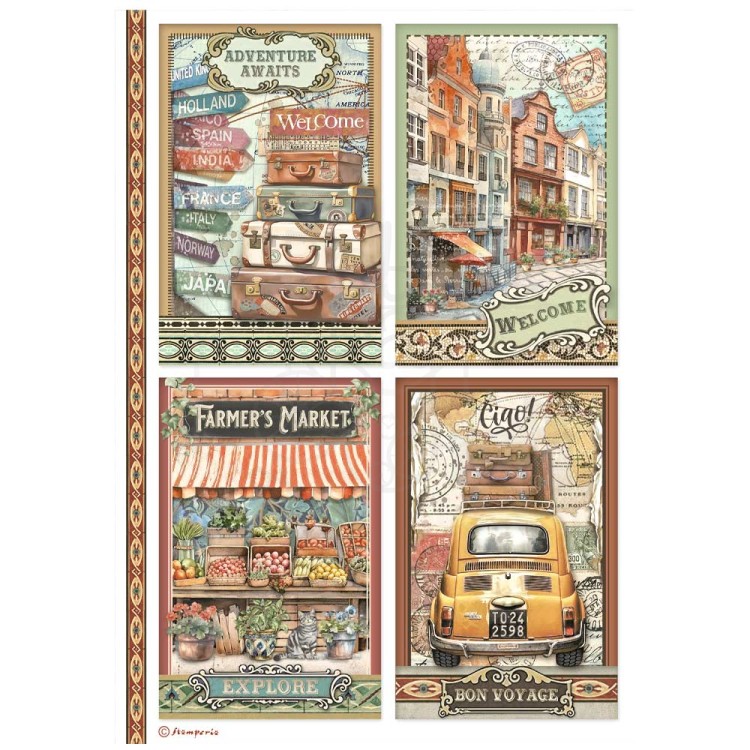 Papier ryżowy do decoupage A4 Art of Travelling 4 karty DFSA4979 Stamperia