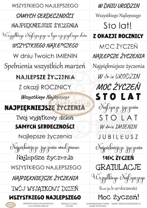 Papier do scrapbookingu A4 dodatki do wycinania Napisy okolicznościowe 01 A-P-035 Artistiko