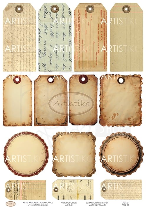 Papier do scrapbookingu A4 dodatki do wycinania Tagi 01 A-P-040 Artistiko
