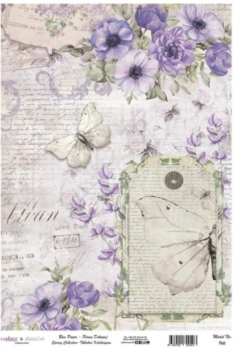 Papier ryżowy do decoupage A4 Kolekcja wiosenna Kwiaty motyle i pismo vintage PR0966 Cadence