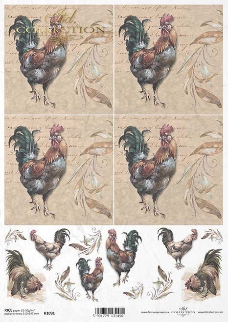 Papier ryżowy do decoupage A4 Wielkanoc koguty R1091 ITD Collection