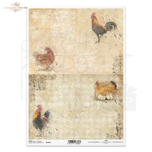 Papier ryżowy do decoupage A4 Wielkanoc koguty kury kurczaczki R1349 ITD Collection