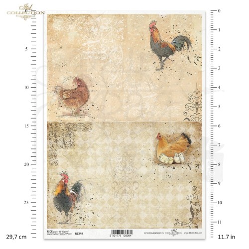 Papier ryżowy do decoupage A4 Wielkanoc koguty kury kurczaczki R1349 ITD Collection