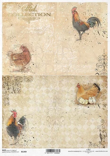 Papier ryżowy do decoupage A4 Wielkanoc koguty kury kurczaczki R1349 ITD Collection