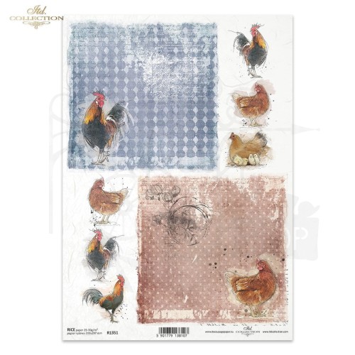 Papier ryżowy do decoupage A4 Wielkanoc koguty kury kurczaczki R1351 ITD Collection