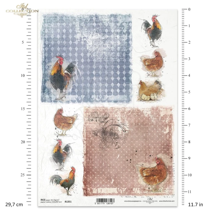 Papier ryżowy do decoupage A4 Wielkanoc koguty kury kurczaczki R1351 ITD Collection