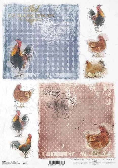 Papier ryżowy do decoupage A4 Wielkanoc koguty kury kurczaczki R1351 ITD Collection