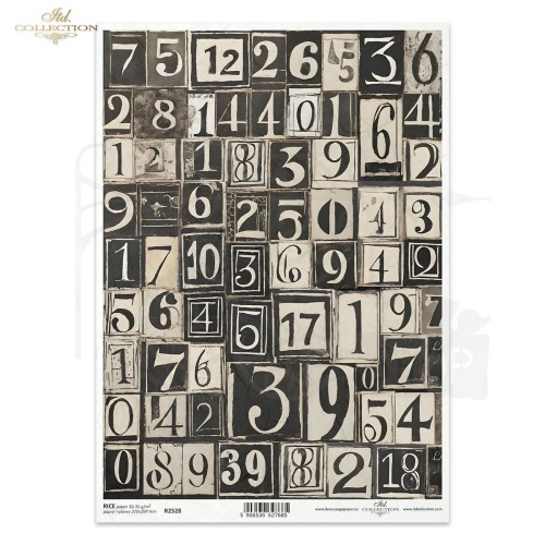 Papier ryżowy do decoupage A4 geometyczne czarno-białe wzorki cyfry liczby R2528 ITD Collection