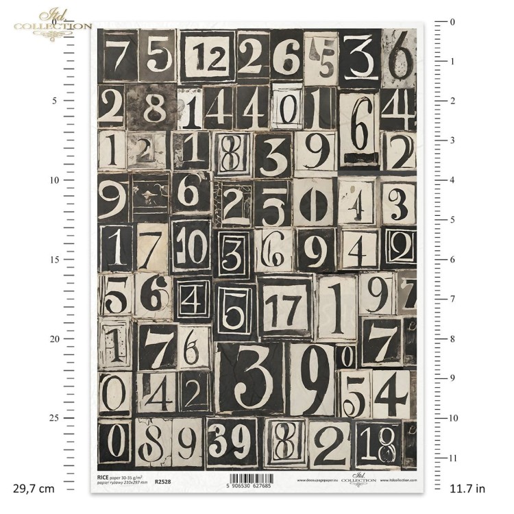 Papier ryżowy do decoupage A4 geometyczne czarno-białe wzorki cyfry liczby R2528 ITD Collection