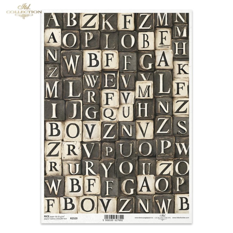 Papier ryżowy do decoupage A4 geometyczne czarno-białe wzorki litery alfabet R2529 ITD Collection