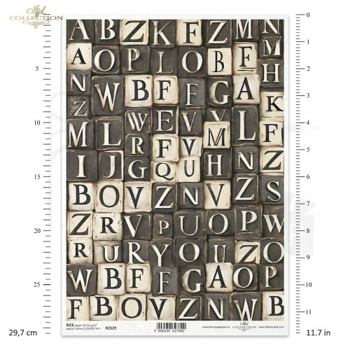 Papier ryżowy do decoupage A4 geometyczne czarno-białe wzorki litery alfabet R2529 ITD Collection