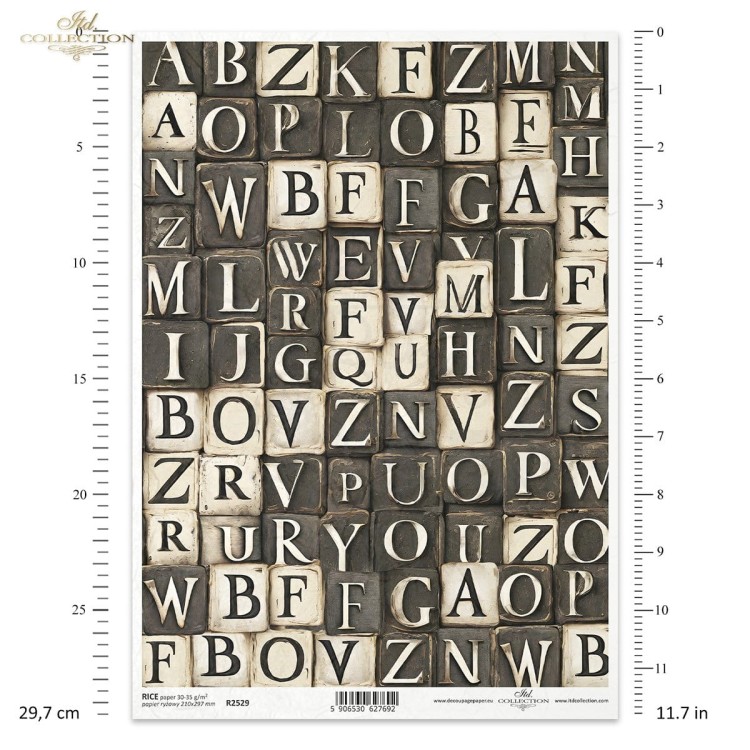 Papier ryżowy do decoupage A4 geometyczne czarno-białe wzorki litery alfabet R2529 ITD Collection
