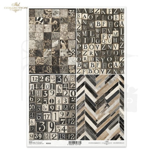 Papier ryżowy do decoupage A4 geometyczne czarno-białe wzorki litery cyfry R2533 ITD Collection