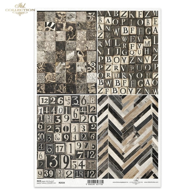 Papier ryżowy do decoupage A4 geometyczne czarno-białe wzorki litery cyfry R2533 ITD Collection