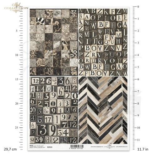 Papier ryżowy do decoupage A4 geometyczne czarno-białe wzorki litery cyfry R2533 ITD Collection