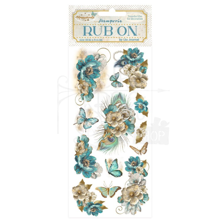 Rub-on transfer 10x21.6cm Masquerade Niebieskie kwiaty DFLRB139 Stamperia