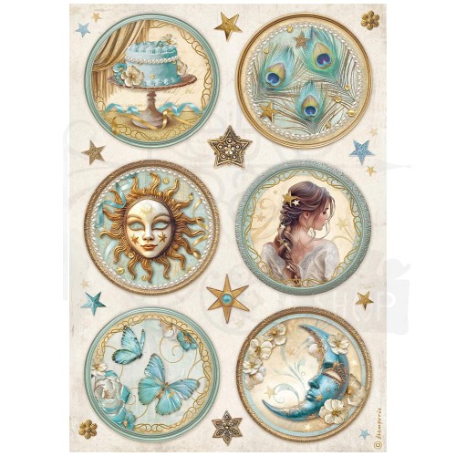 Papier ryżowy do decoupage A4 Masquerade 6 okrągłych dekorów DFSA4981 Stamperia
