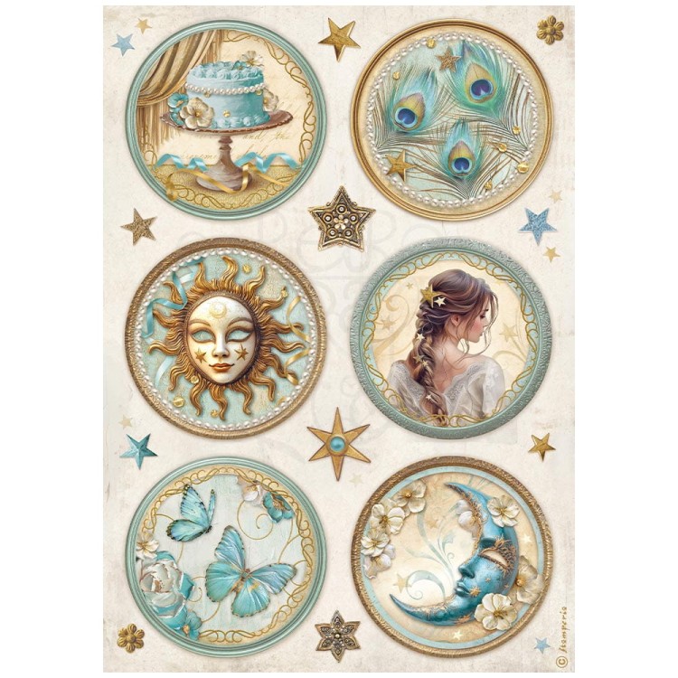 Papier ryżowy do decoupage A4 Masquerade 6 okrągłych dekorów DFSA4981 Stamperia