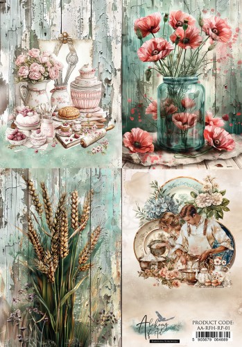 Papier ryżowy do decoupage A4 Recipe for Happiness 4 karty AA-RFH-RP-01 Alchemy of Art