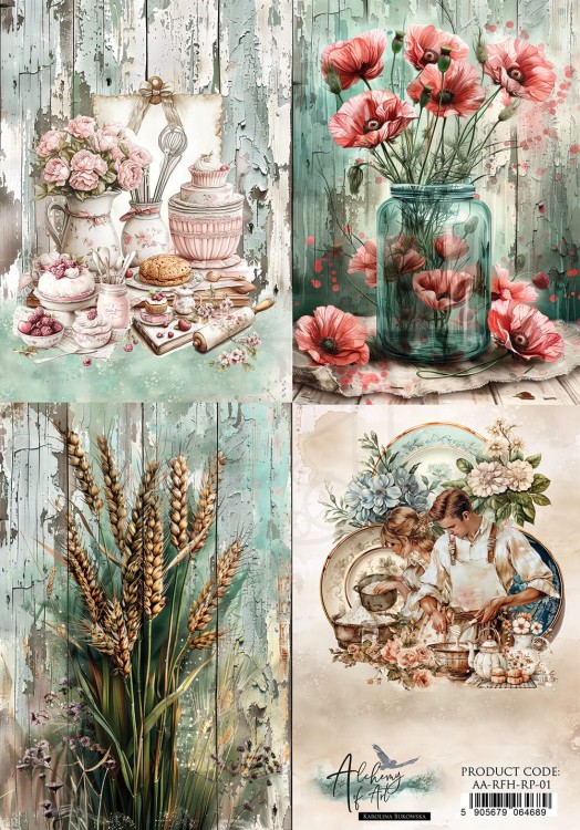 Papier ryżowy do decoupage A4 Recipe for Happiness 4 karty AA-RFH-RP-01 Alchemy of Art