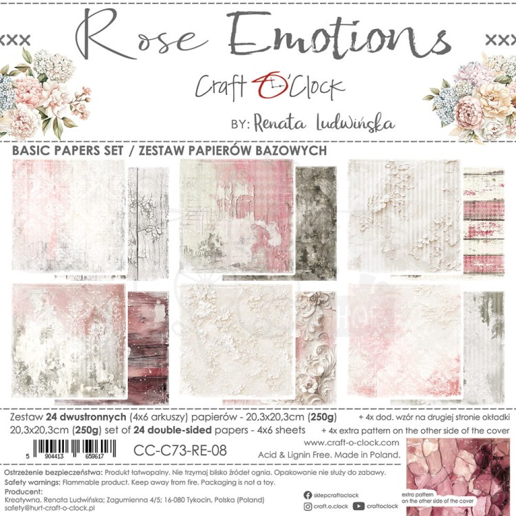 Zestaw papierów do scrapbookingu 20x20 Rose Emotions - Basic CC-C73-RE-08 Craft O'Clock