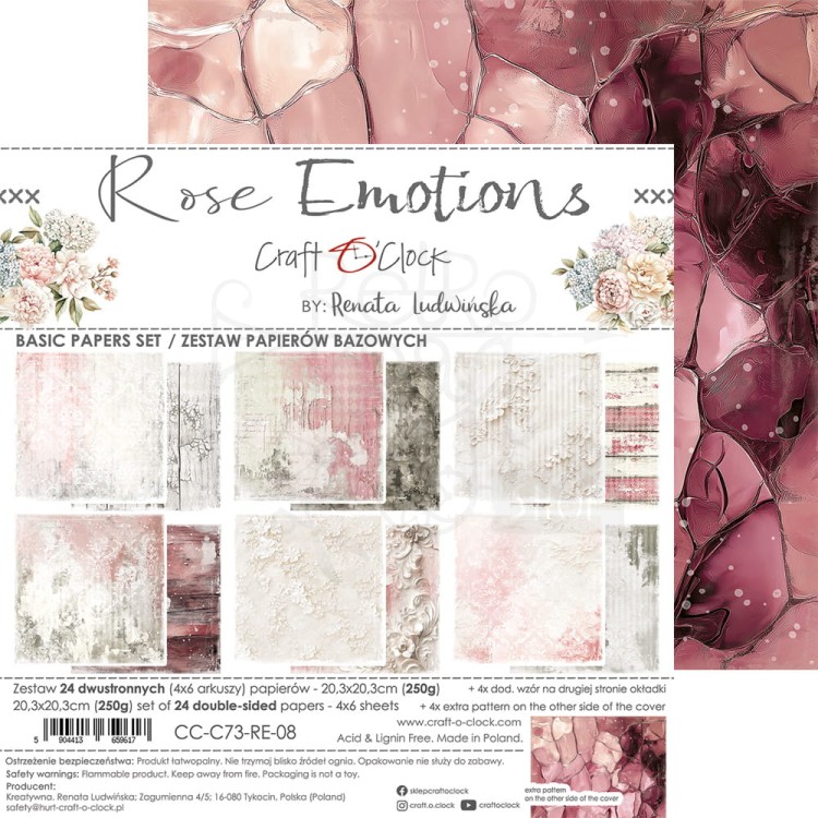 Zestaw papierów do scrapbookingu 20x20 Rose Emotions - Basic CC-C73-RE-08 Craft O'Clock