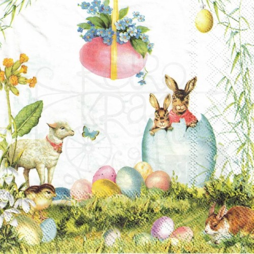 Serwetka 33x33 - Wielkanoc baranek zające i jajka