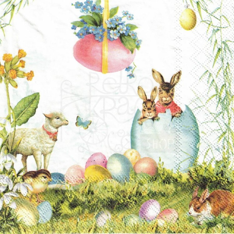 Serwetka 33x33 - Wielkanoc baranek zające i jajka