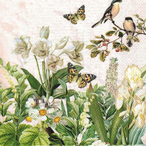 Serwetka 33x33 - Białe kwiaty motyle i ptaki