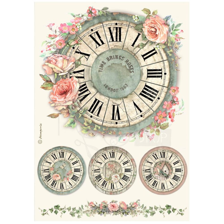 Papier ryżowy do decoupage A4 House of Roses Zegar DFSA41021 Stamperia
