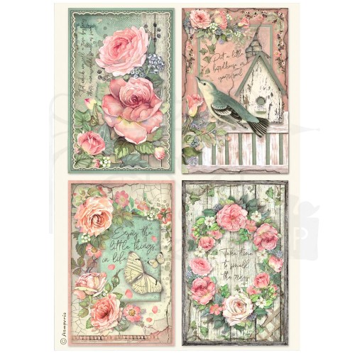 Papier ryżowy do decoupage A4 House of Roses 4 karty DFSA41020 Stamperia