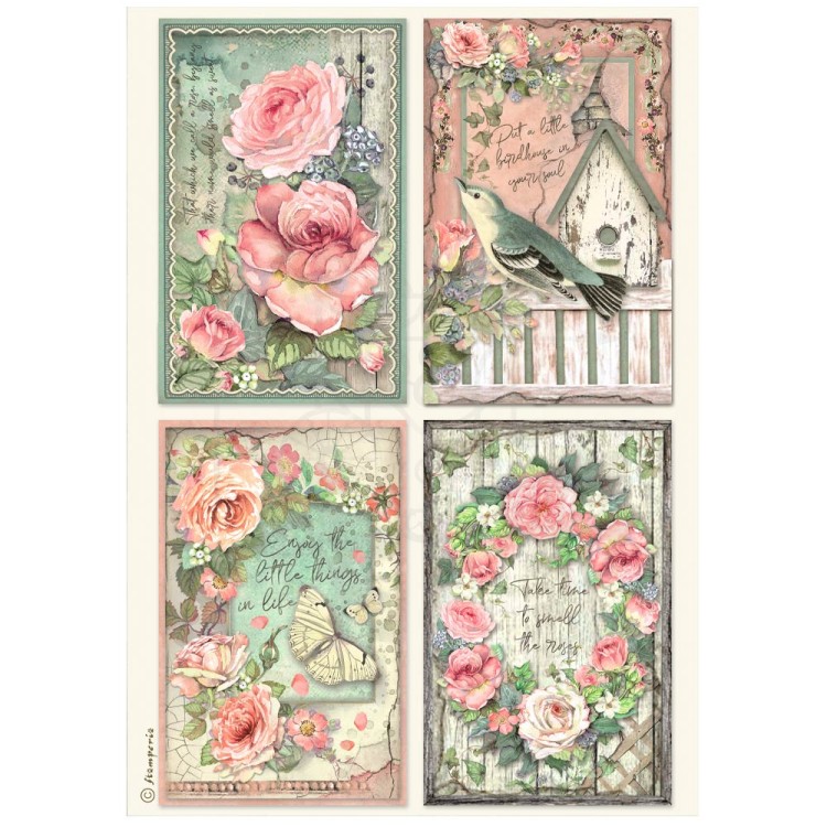 Papier ryżowy do decoupage A4 House of Roses 4 karty DFSA41020 Stamperia