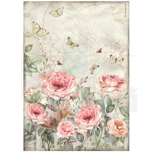 Papier ryżowy do decoupage A4 House of Roses Róże i motyl DFSA41019 Stamperia