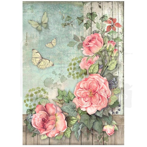 Papier ryżowy do decoupage A4 House of Roses Kwiatowy narożnik DFSA41018 Stamperia