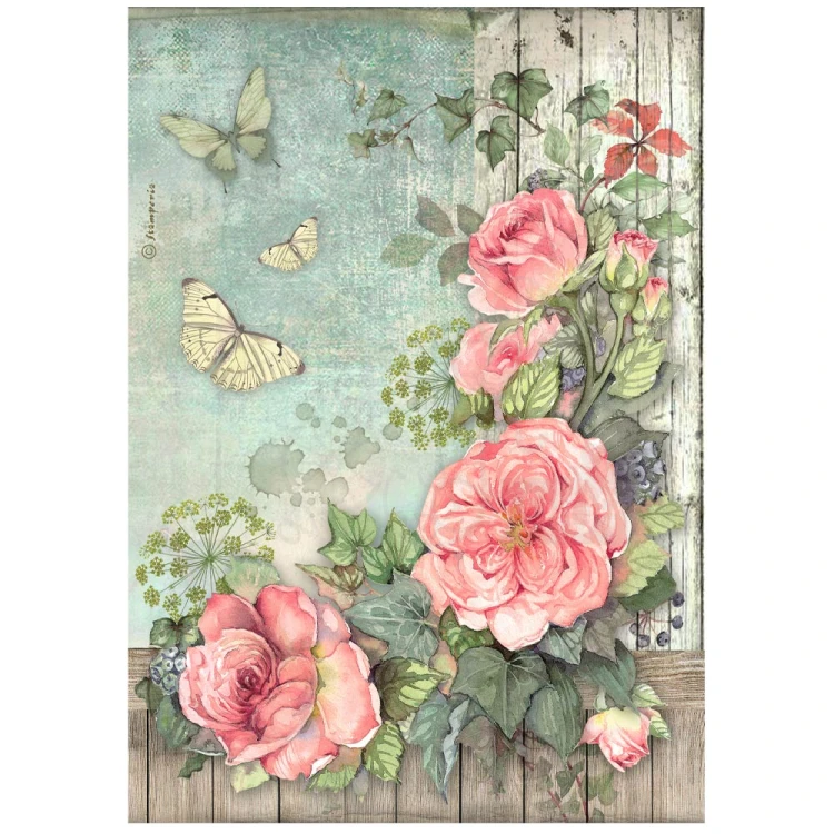 Papier ryżowy do decoupage A4 House of Roses Kwiatowy narożnik DFSA41018 Stamperia