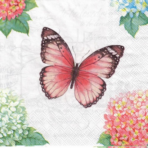Serwetka 33x33 - Motyl i hortensje