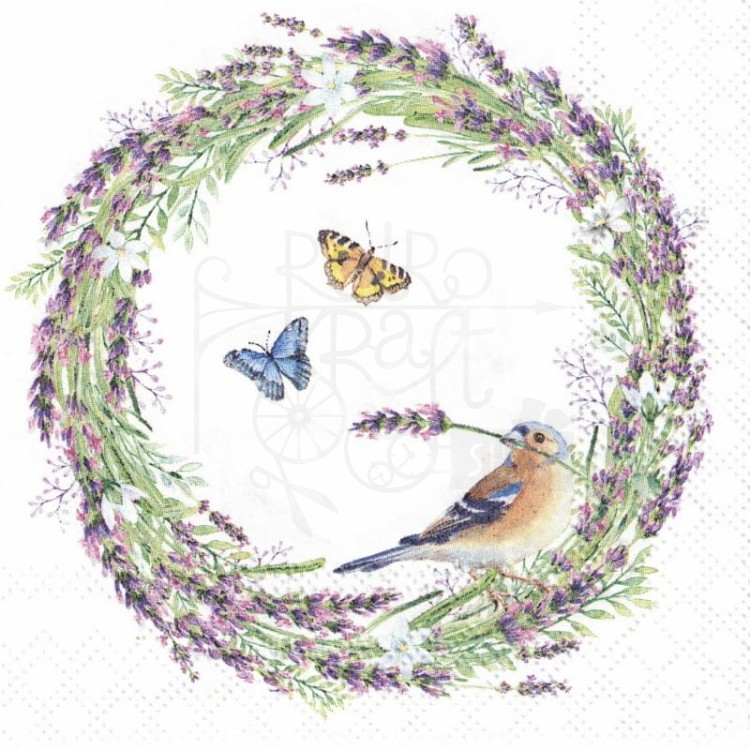 Serwetka 25x25 - Ptak zięba i motyle w lawendowym wianku