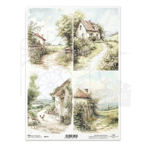 Papier ryżowy do decoupage A4 wiejskie chatki R2577 ITD Collection