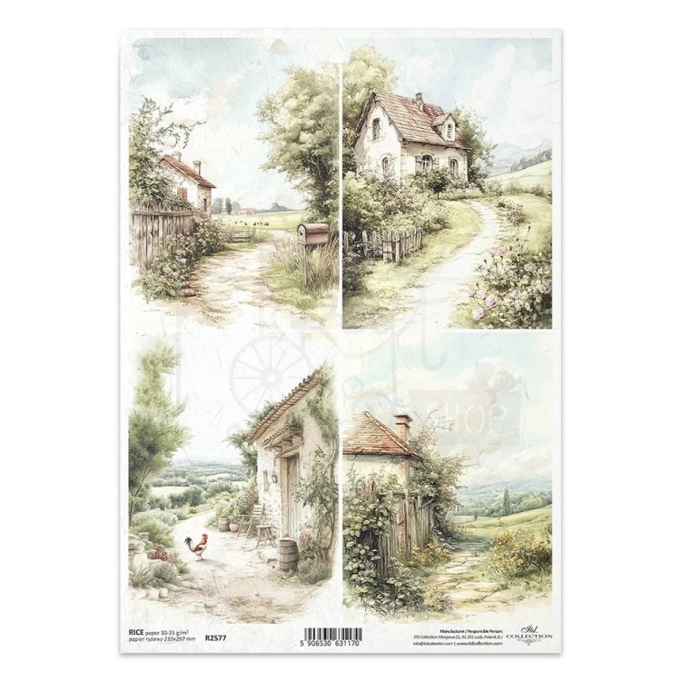 Papier ryżowy do decoupage A4 wiejskie chatki R2577 ITD Collection