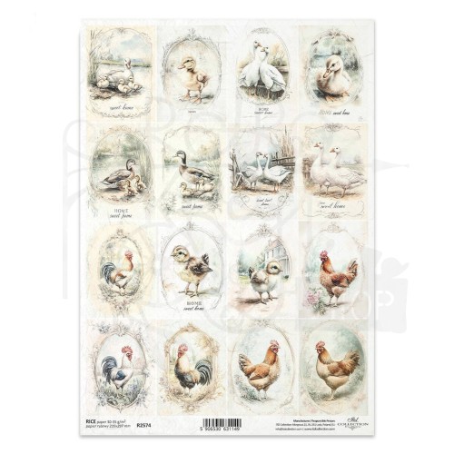 Papier ryżowy do decoupage A4 kury koguty kaczki gęsi R2574 ITD Collection