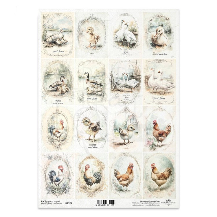 Papier ryżowy do decoupage A4 kury koguty kaczki gęsi R2574 ITD Collection