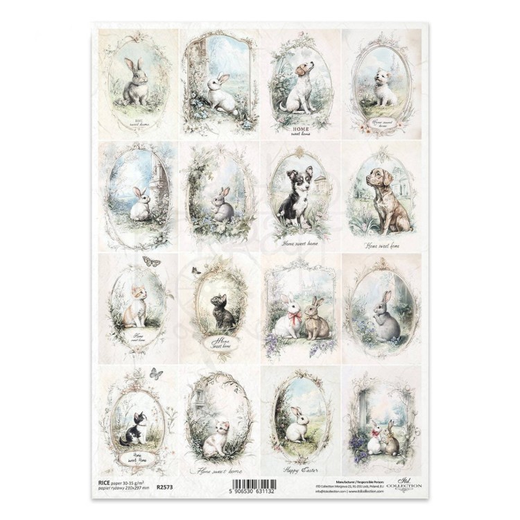 Papier ryżowy do decoupage A4 koty psy zajączki R2573 ITD Collection