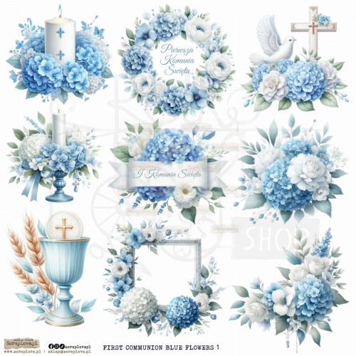 Naklejki papierowe do scrapbookingu i art journalingu First Communion Flowers Blue 1 ScrapLove