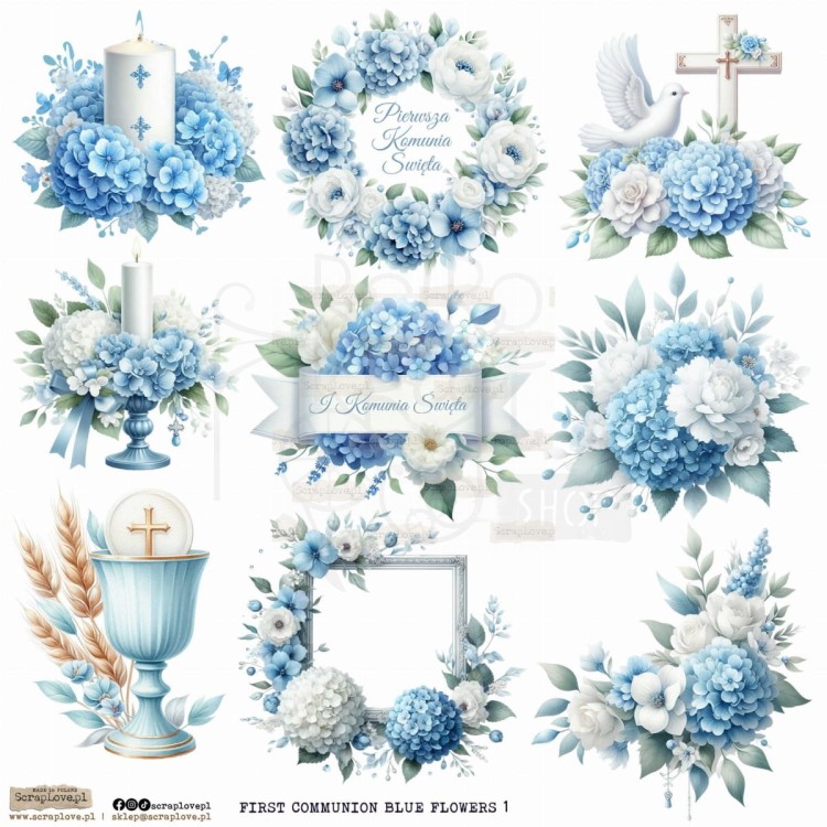 Naklejki papierowe do scrapbookingu i art journalingu First Communion Flowers Blue 1 ScrapLove