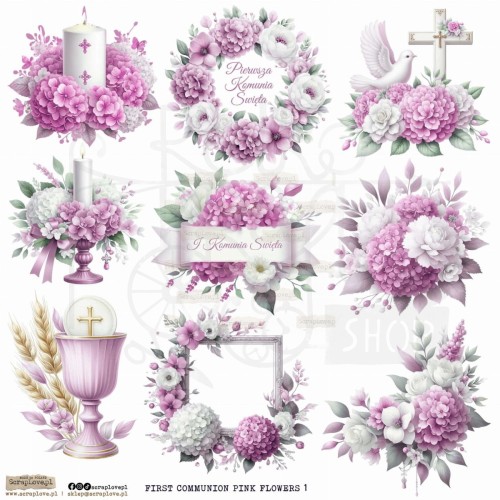 Naklejki papierowe do scrapbookingu i art journalingu First Communion Flowers Pink 1 ScrapLove