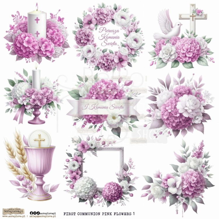 Naklejki papierowe do scrapbookingu i art journalingu First Communion Flowers Pink 1 ScrapLove