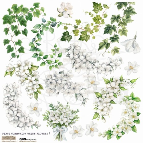 Naklejki papierowe do scrapbookingu i art journalingu First Communion Flowers White 1 ScrapLove